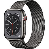 <Apple Watch Series 8 GPS + Cellularモデル、45mmケース グラファイトステンレススチールケースとグラファイトミラネーゼループを組み合わせたスマートウォッチ。>