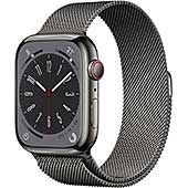 ＜Apple Watch Series 8 GPS + Cellularモデル、45mmケース グラファイトステンレススチールケースとグラファイトミラネーゼループを組み合わせたスマートウォッチ。フィットネストラッカー、血中酸素ウェルネスアプリと心電図アプリ、常時表示Retinaディスプレイ、耐水性能＞