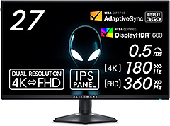 ＜【Amazon.co.jp限定】Dell AW2725QF-A 27インチ デュアル解像度(4K/FHD) Alienware ゲーミングモニター(5年間無輝点保証/4K,FHD/IPS,非光沢/DP1.4x1,HDMI2.1x2/DCI-P3 95%/縦横回転,高さ調整/0.5ms,360Hz(FHD),180Hz(4K),G-SYNC Compatible,DisplayHDR 600)＞